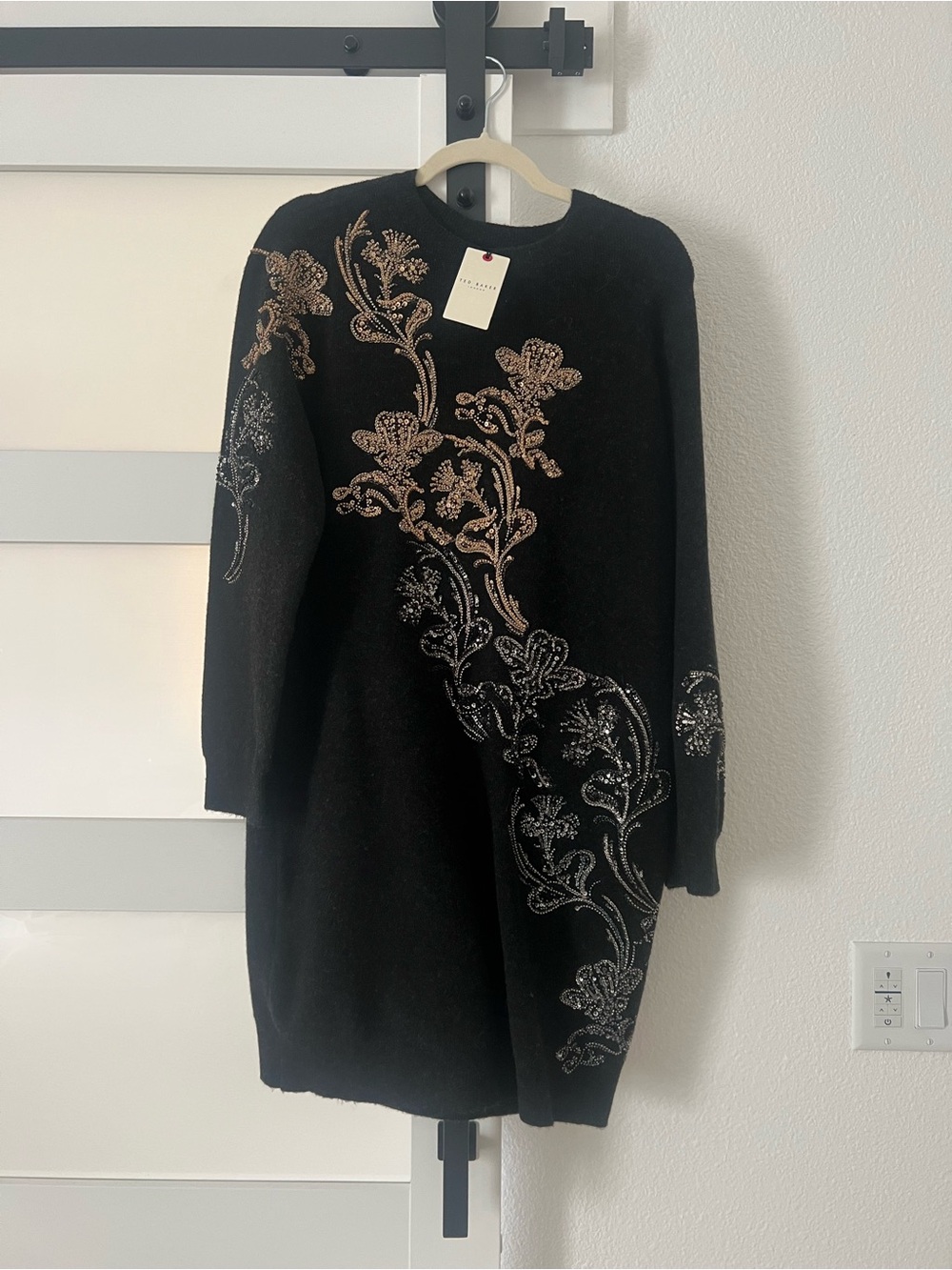Ted Baker Black Long-Sleeve Floral Embroidered Sweater Dress